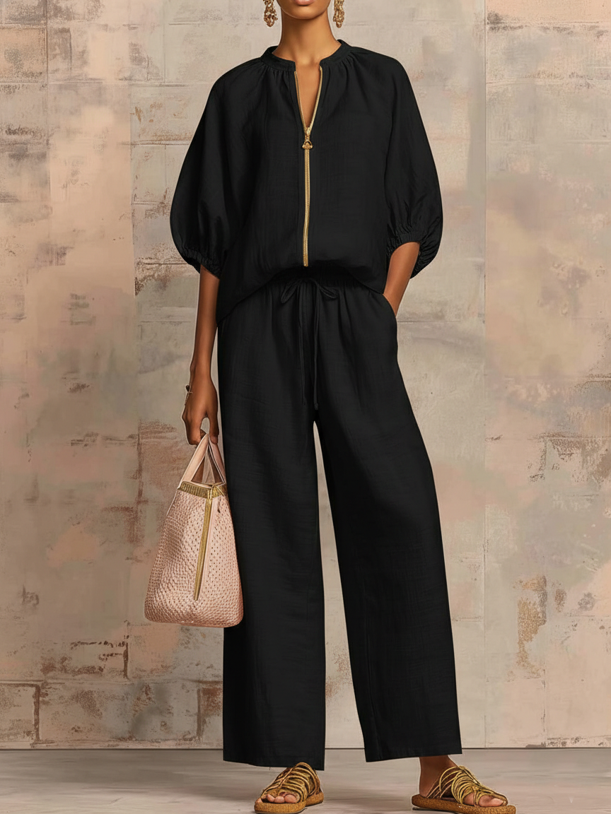 Ensemble deux pièces chemise décontractée et chic et pantalon large en lin et coton