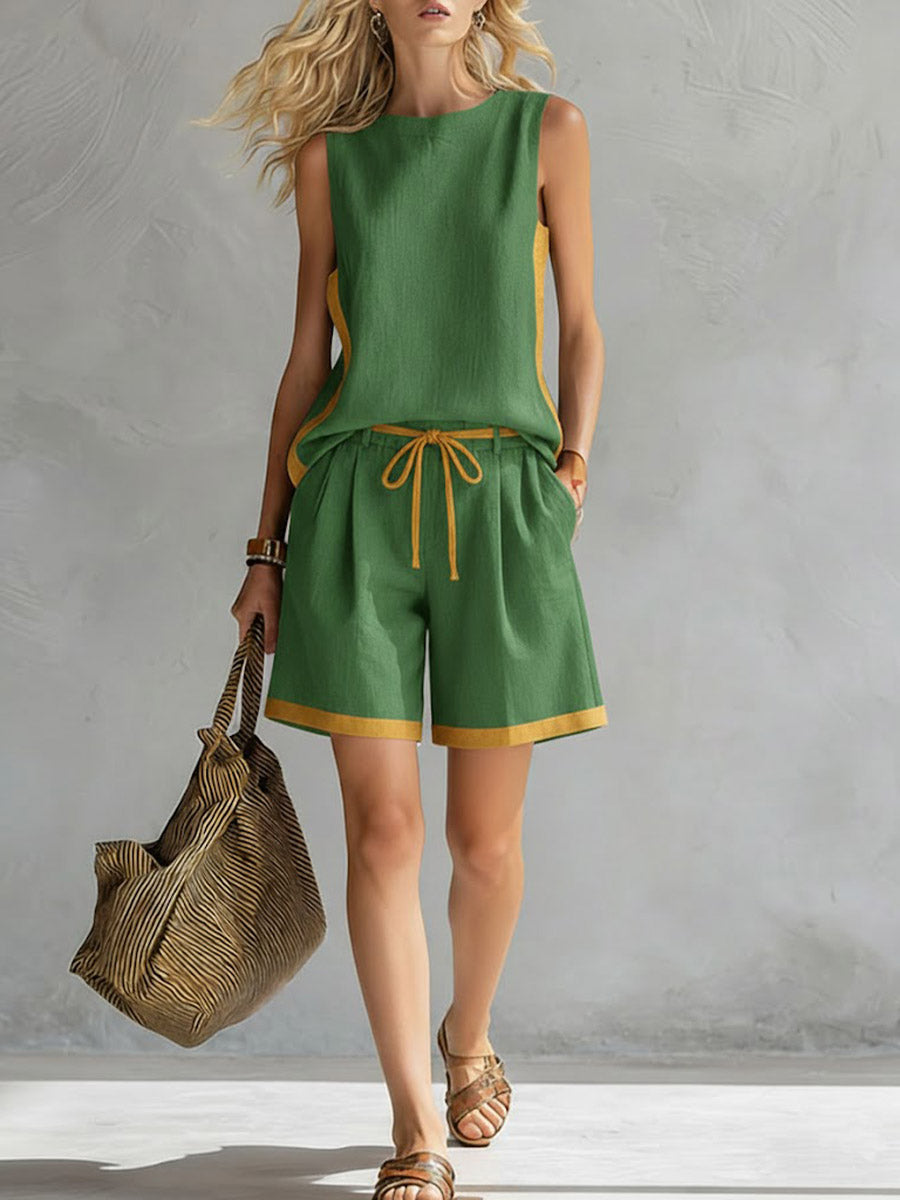 Women's Round Neck Sleeveless Casual Loose Vest And Elastic Waist Casual Loose Shorts Cotton And Linen Set.