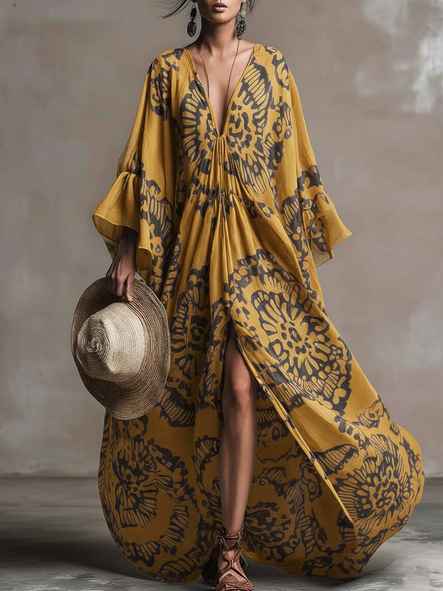 Retro V-neck Floral Print Vacation Maxi Dress