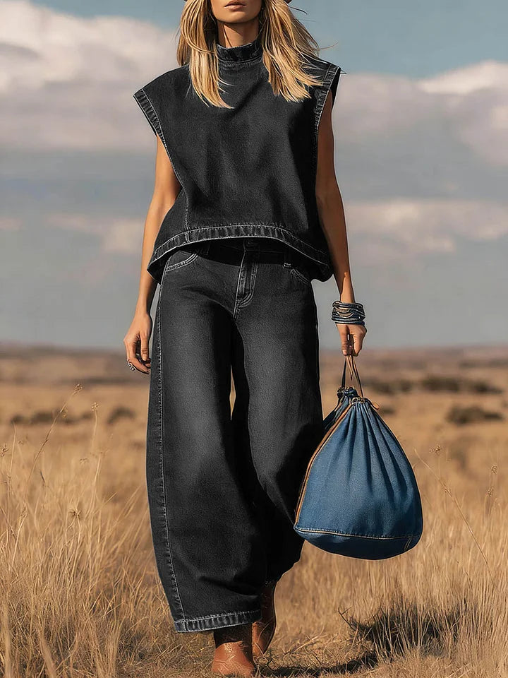 Ensemble décontracté sans manches et col montant pour femme avec pantalon en jean ample taille haute à jambes larges