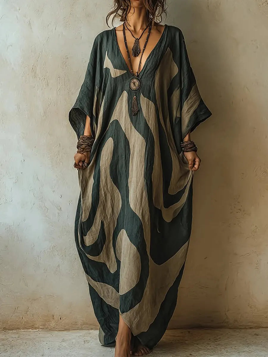 Robe décontractée en coton et lin à imprimé bohème et col en V pour femmes