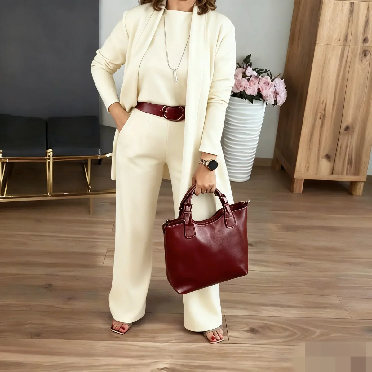 Elegante conjunto de 3 piezas que incluye cárdigan largo, top y pantalón
