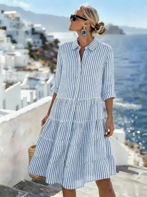 Robe décontractée en coton et lin à rayures contrastantes pour femmes