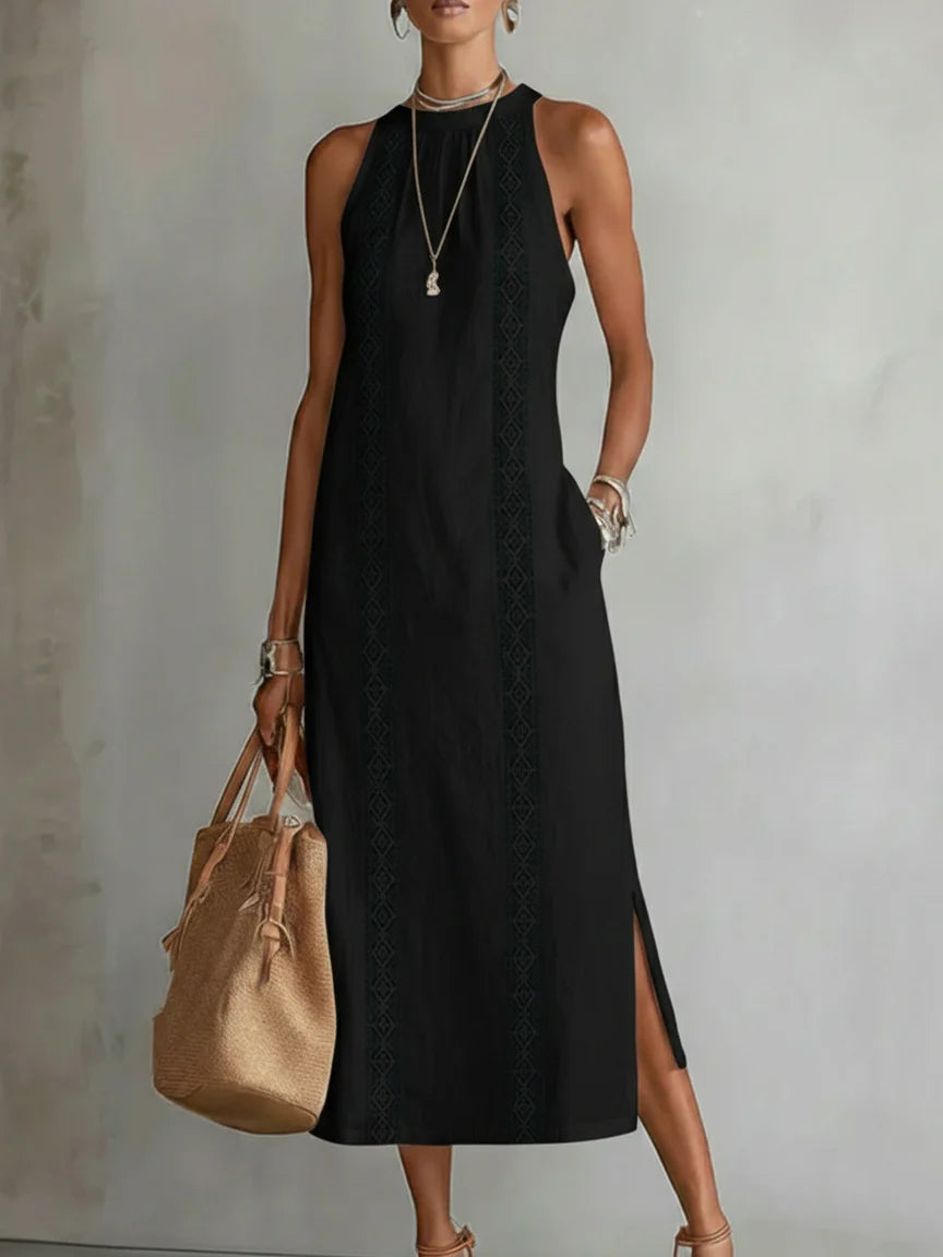 🌿 Vestido Minimalista de Lino con Encaje Estilo Retro y Acogedor — Atemporal. Elegante. Tú, sin esfuerzo.