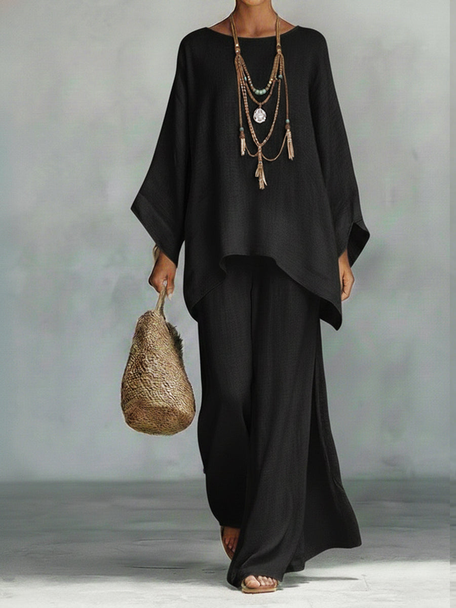 Women's Comfortable, Loose-fitting Linen And Cotton Top And Wide-leg Pants Two-piece Set.