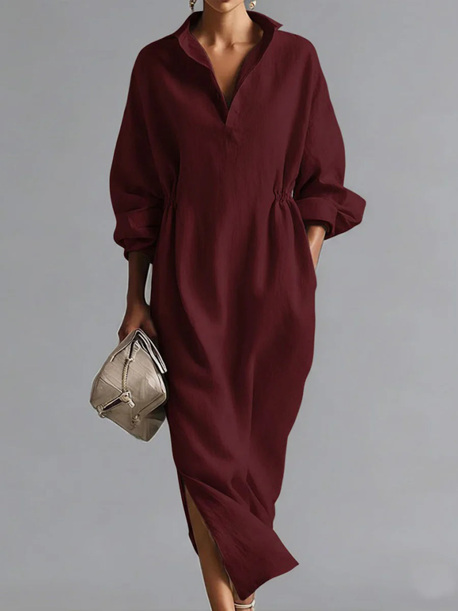 Women's Solid Color Lapel Long-sleeved Casual Loose Cotton Dress