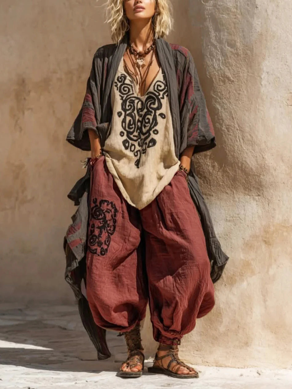 Boho Casual Loose Linen Cotton Three-piece Set