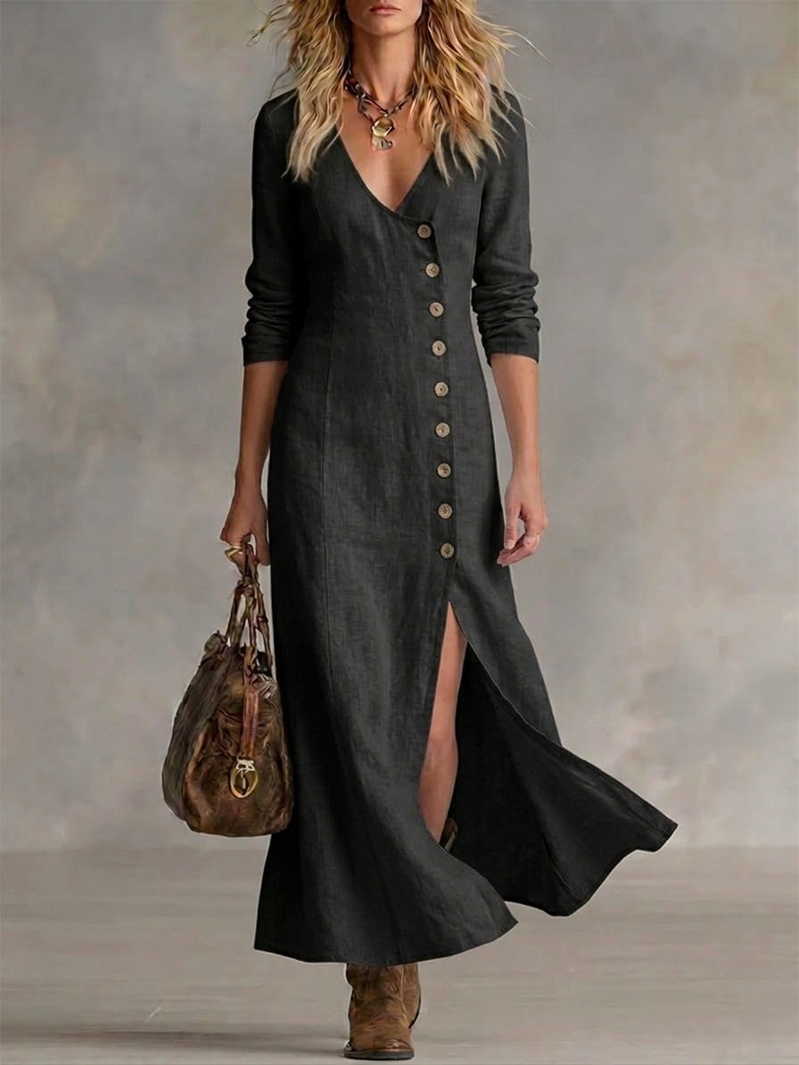 Robe décontractée boutonnée en lin et coton