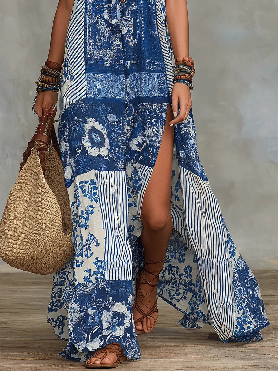 Robe longue décontractée en coton à imprimé floral ethnique rétro pour femme