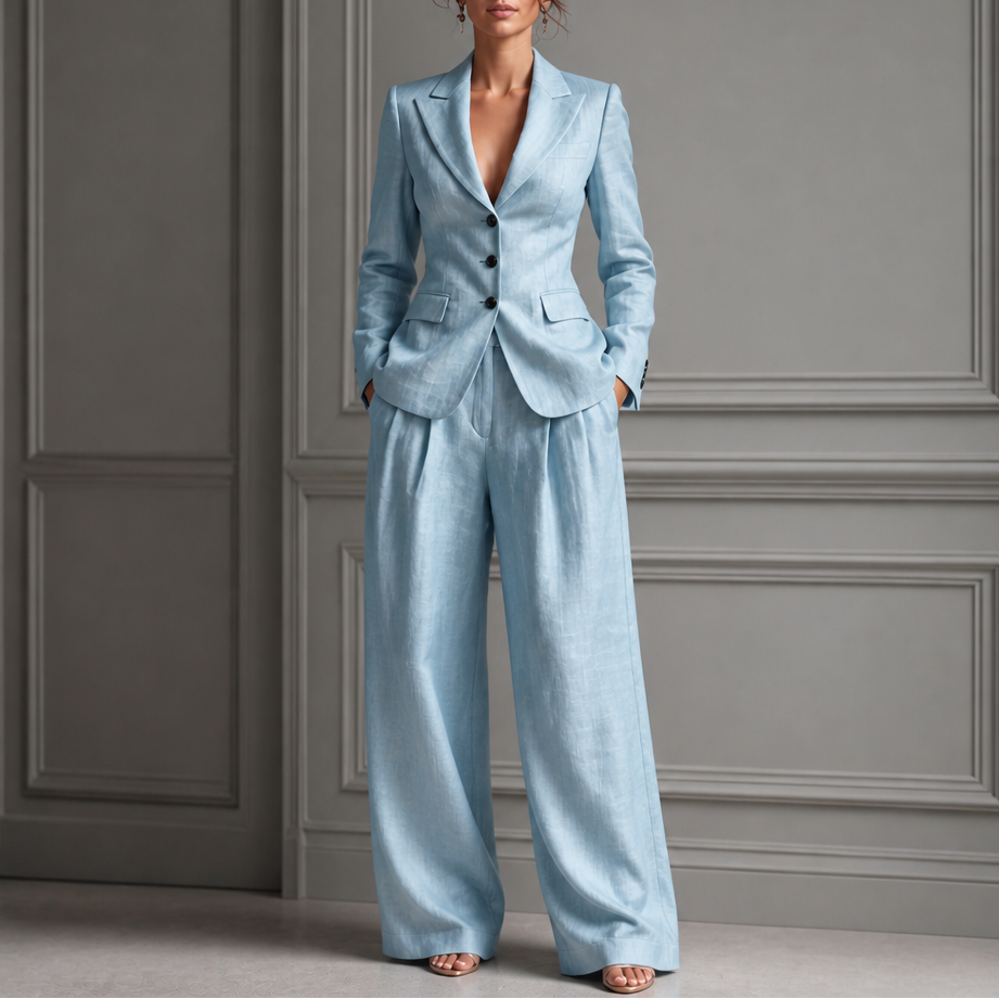 Pleated High-Waist Wide-Leg Blazer Suit Set