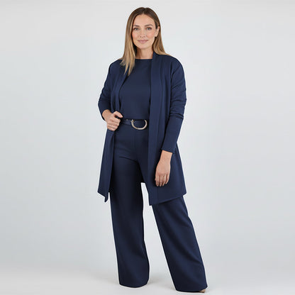 Elegante conjunto de 3 piezas que incluye cárdigan largo, top y pantalón