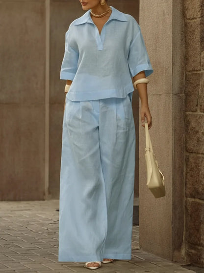 Conjunto de dos piezas de camisa de lino y algodón casual de mujer y pantalones de pierna ancha
