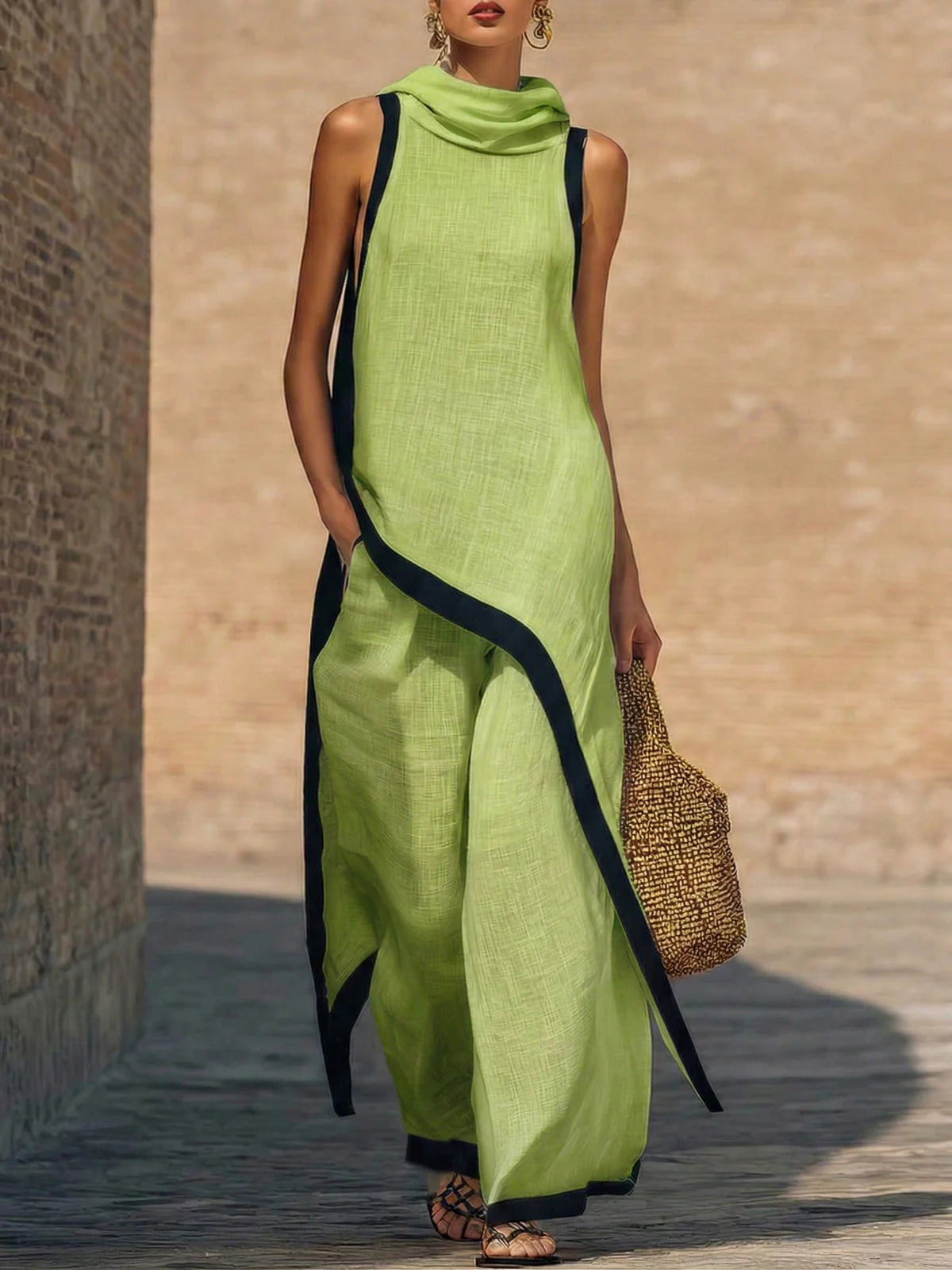 Conjunto de dos piezas de lino y algodón elegante con corte artístico