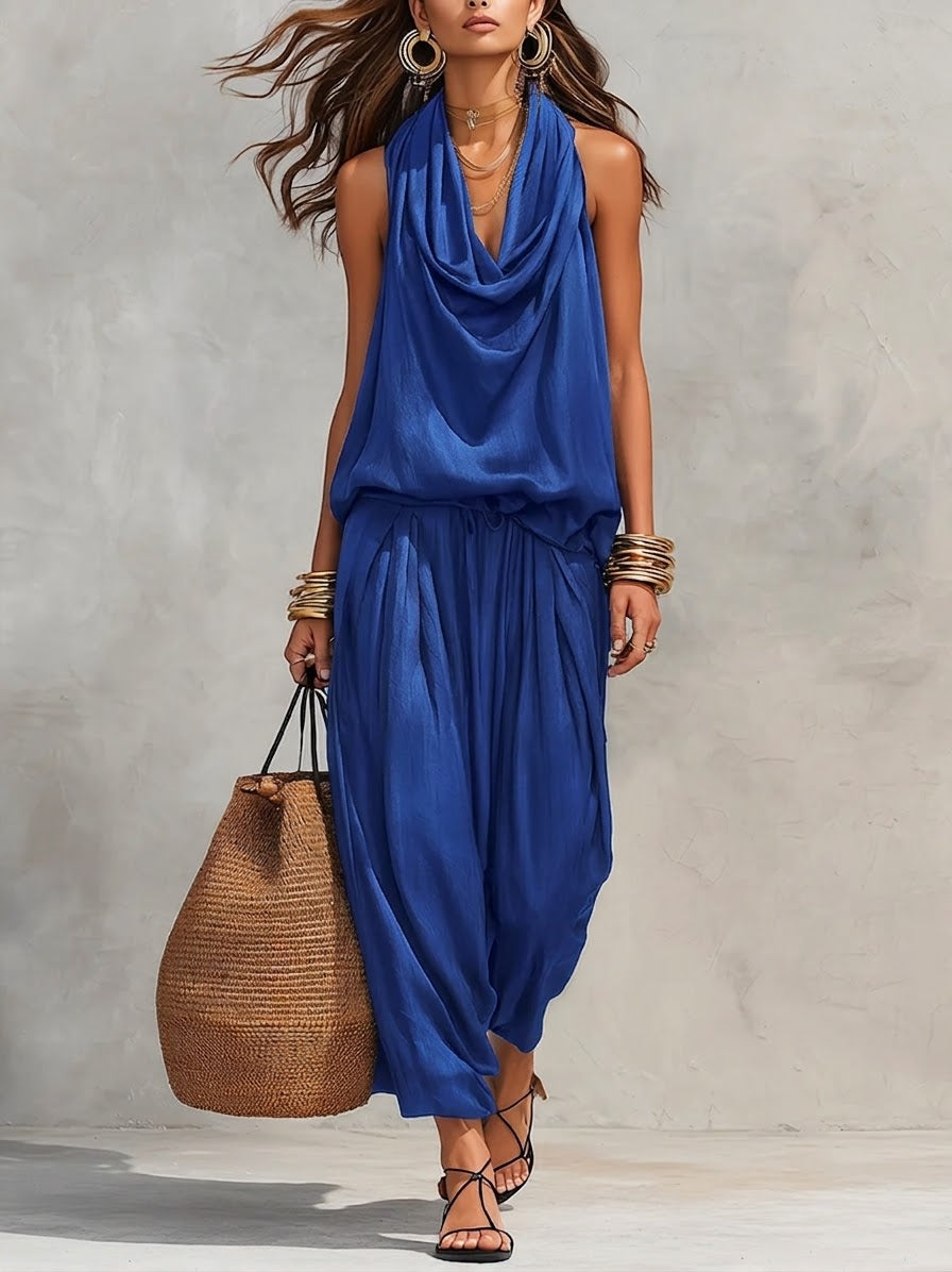 Cozy Elegant Draped Sleeveless Top And Pants Two-piece Set