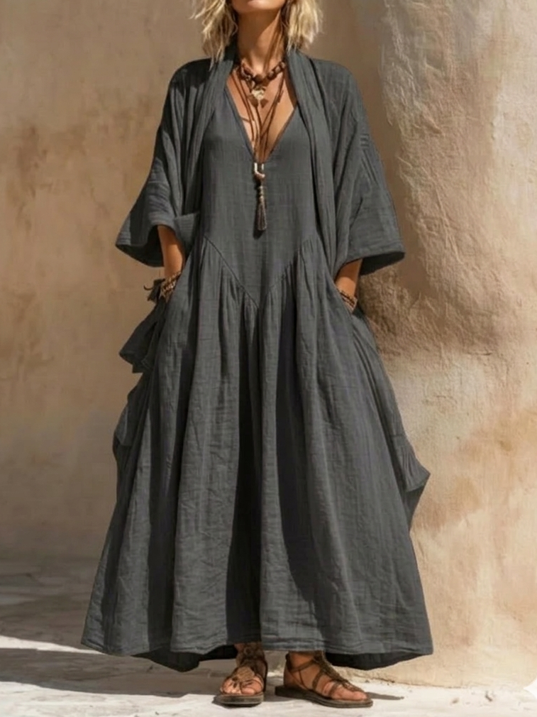 Ensemble deux pièces décontracté bohème en coton et lin : cardigan et robe