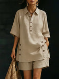 Cozy Loose-fitting Button Shirt And Shorts Linen Two-piece Set