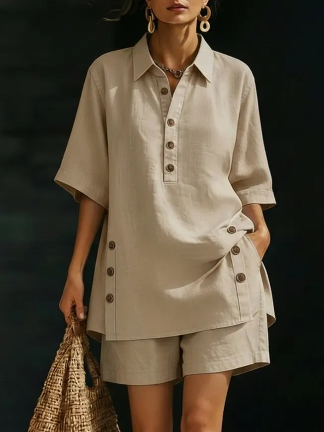 Ensemble deux pièces chemise boutonnée ample et short en lin douillet