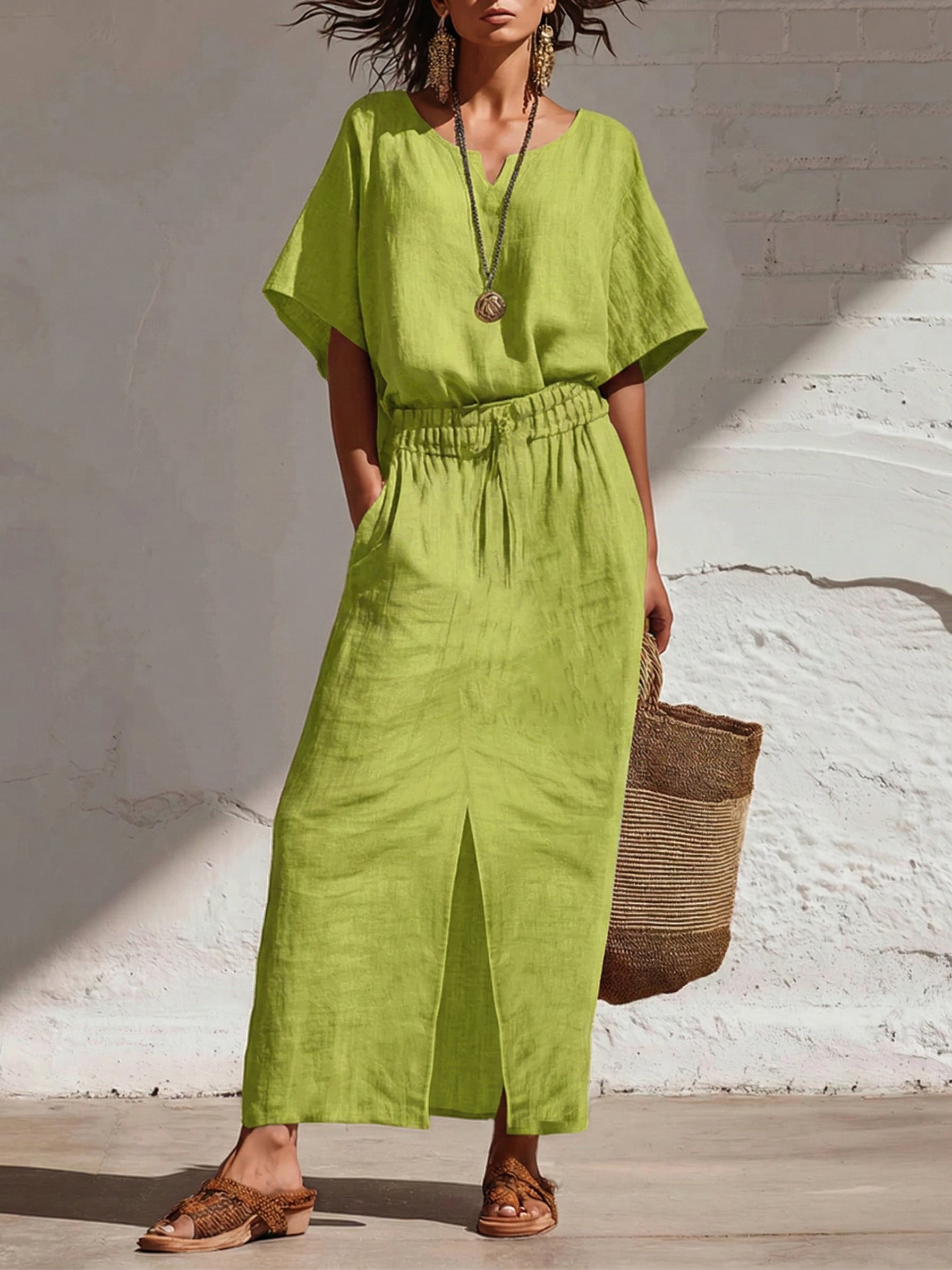 Casual Cozy Shirt And Skirt Linen Two-piece Set