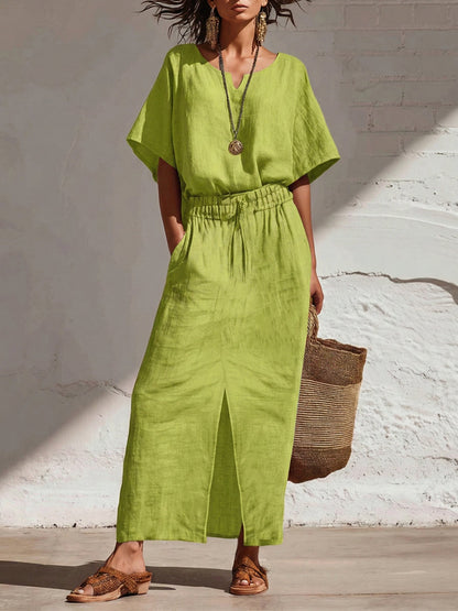 Conjunto de dos piezas de lino de camisa y falda informales y cómodas