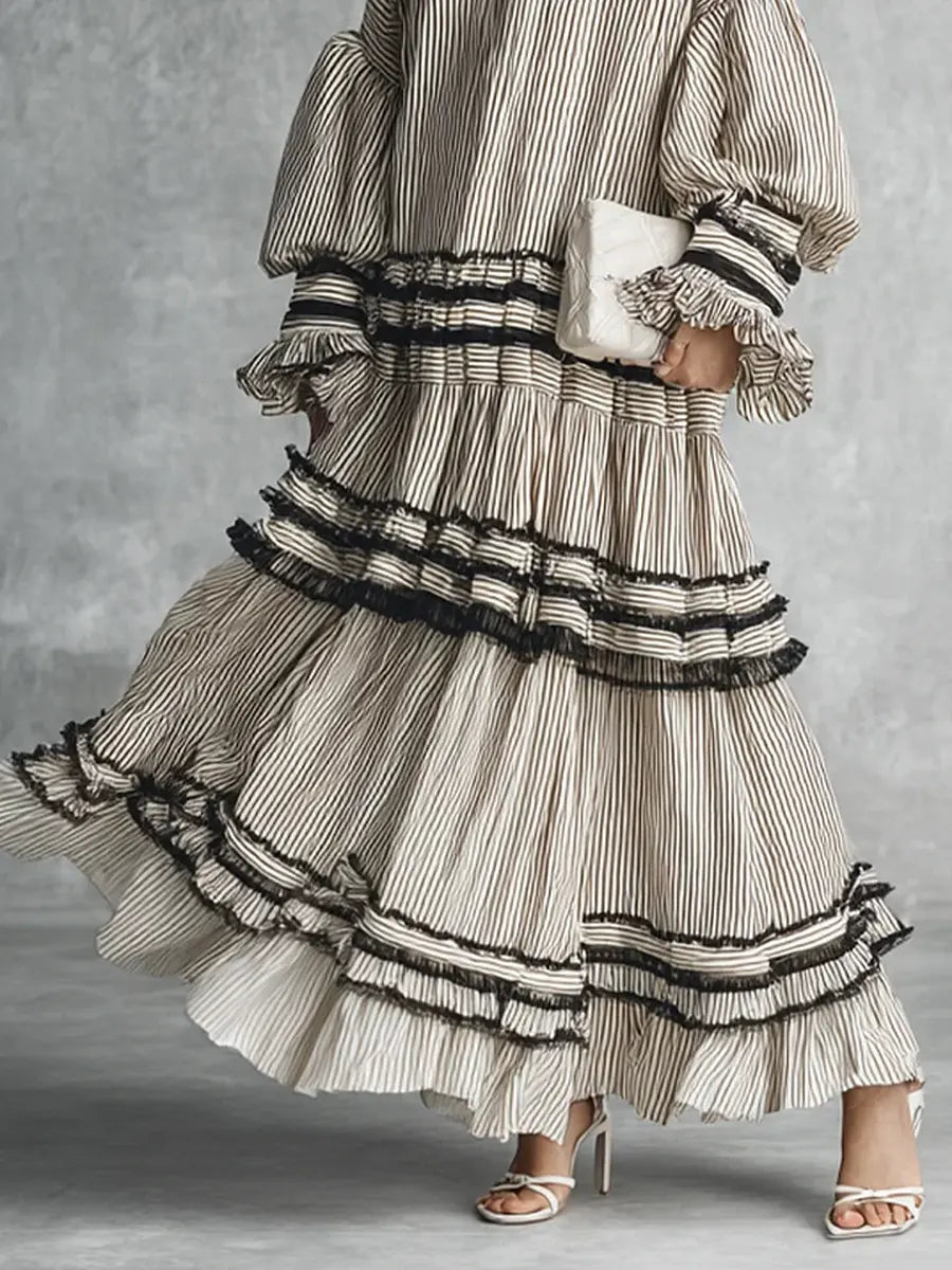 Robe longue décontractée en coton à rayures et à volants pour femme, idéale pour les vacances