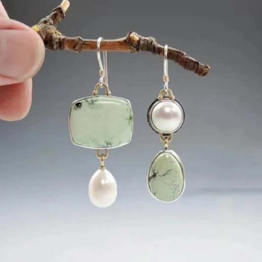 Pendientes de Perlas con Piedras Verdes Naturales Vintage