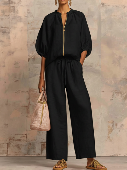 Ensemble deux pièces chemise décontractée et chic et pantalon large en lin et coton