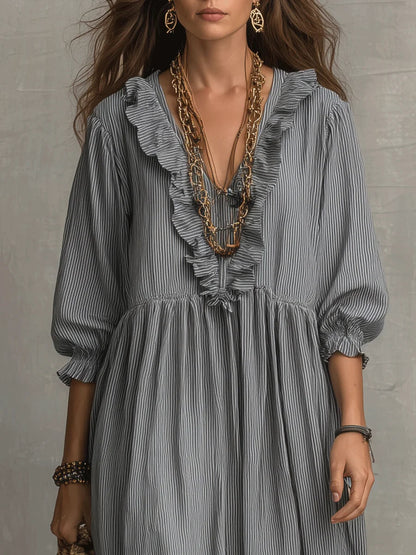 Women's Striped Art Print Casual Stylish Ruffled Vacation Maxi Dress