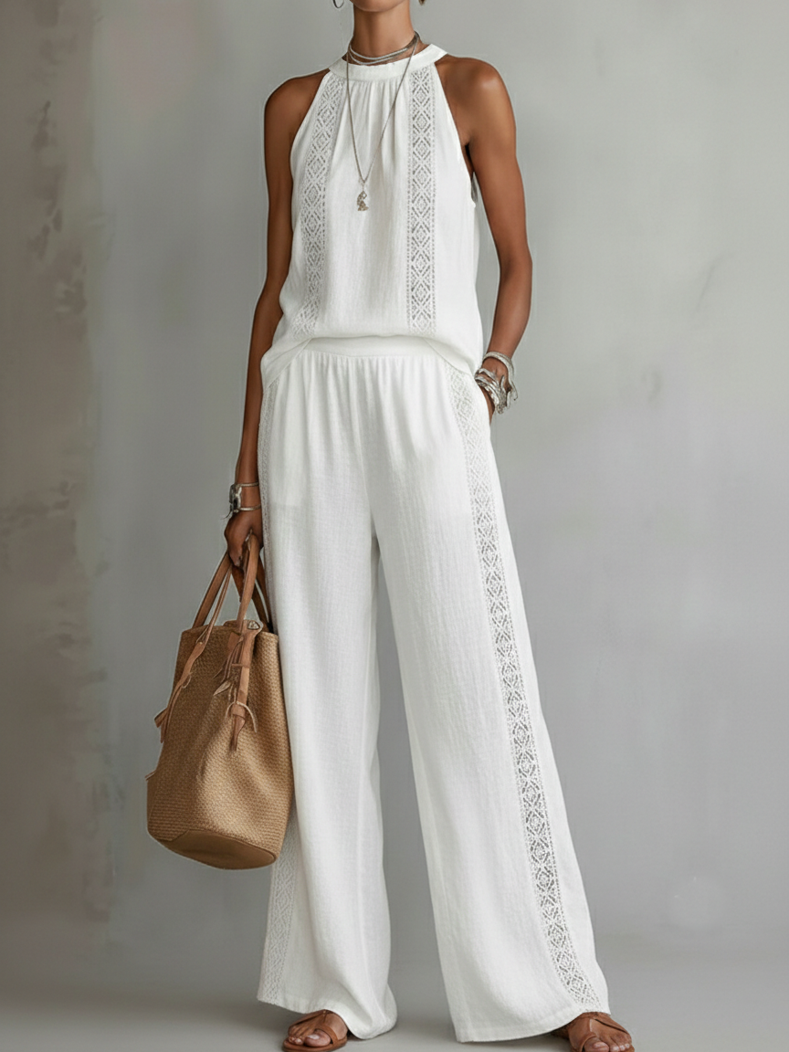 Retro Cozy Lace Top And Wide-leg Pants Linen Set