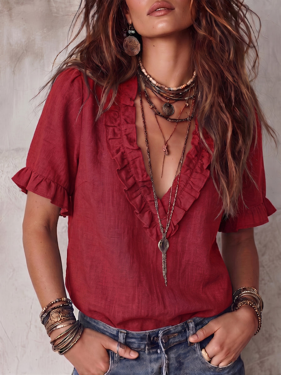 Boho Vintage V-neck Ruffled Cotton-linen Blouse