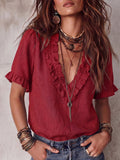 Boho Vintage V-neck Ruffled Cotton-linen Blouse