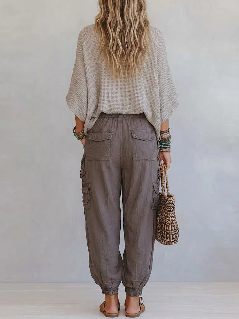 Casual & Cozy Two-piece Set: Waffle-knit Cotton Top And Cotton Cargo Pants