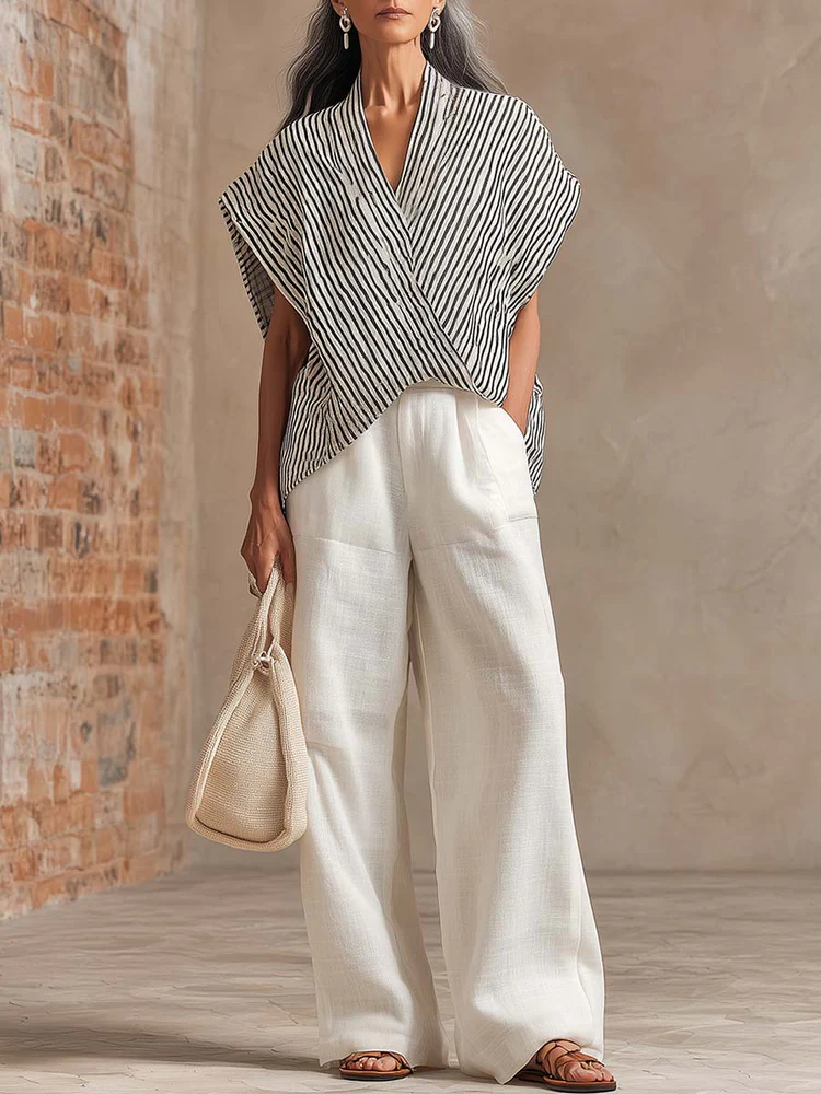Artistic Cut Striped Top And Wide-leg Pants Linen Two-piece Set