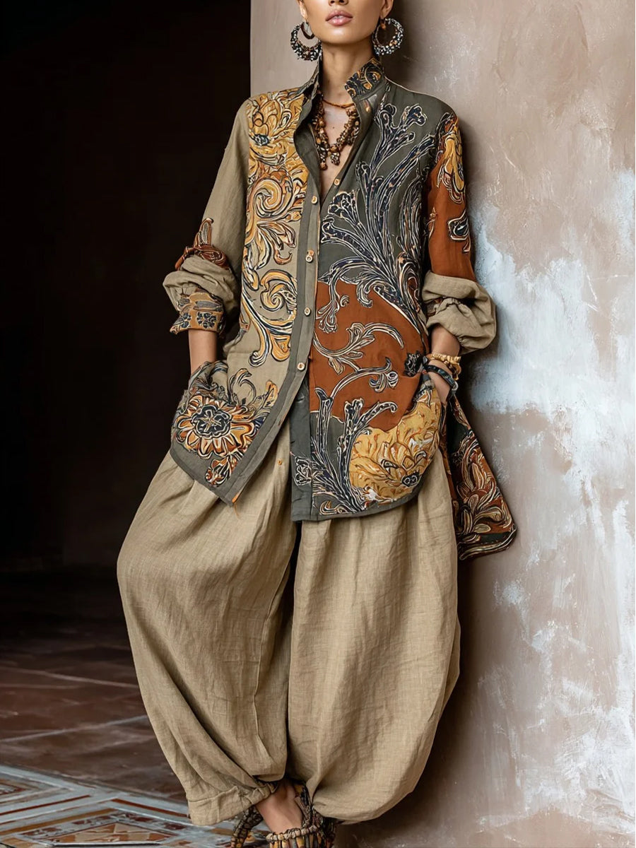 Bohemian-print Linen And Cotton Shirt And Pants Two-piece Set