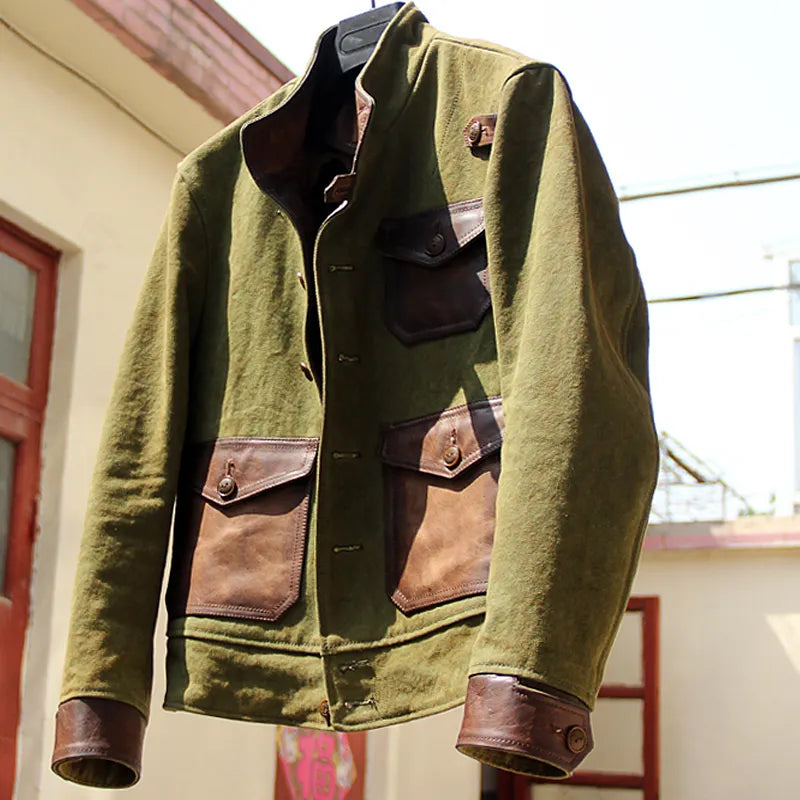 Vintage Oil Waxed Canvas Leather Biker Jacket