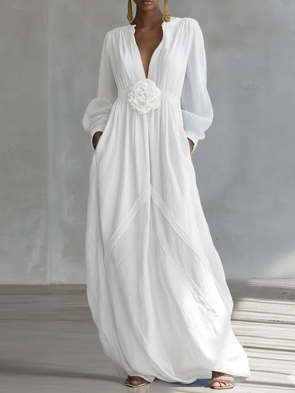Elegant Three-dimensional Floral Cotton And Linen Maxi Dress