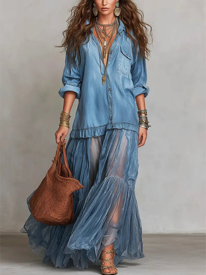 Vestido maxi informal artístico con retales de organza y mezclilla con solapa retro para mujer