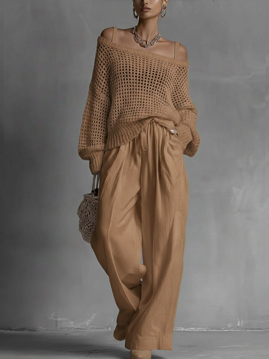 Women's Cozy Openwork Knit Top And Linen-cotton Pants Two-piece Set.