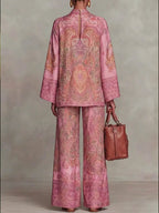 Cozy And Loose-fitting Retro Print Top And Pants Two-piece Set