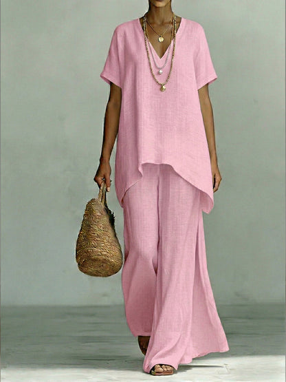 Classic Casual Short-sleeved Linen And Cotton Top And Wide-leg Pants Two-piece Set