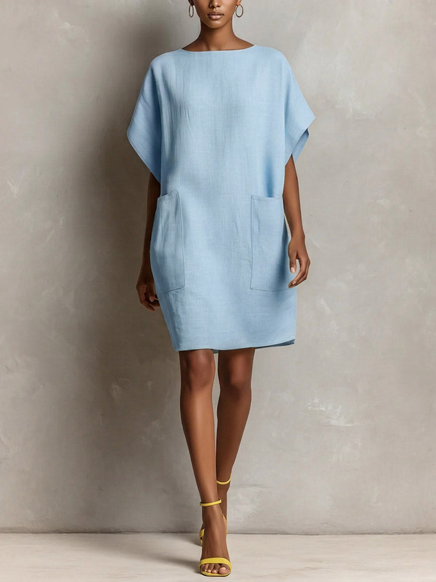 Women's Casual Loose-fit Round-neck Short-sleeve Cotton-linen Dress