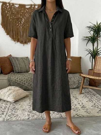 Vestido polo de algodón y lino para mujer – Vestido de verano informal de manga corta