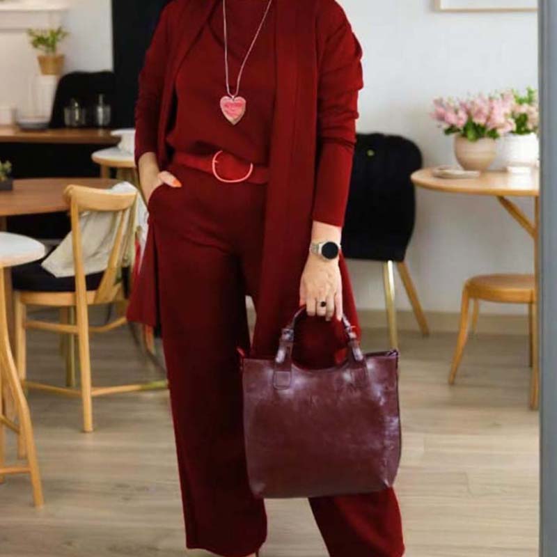 Elegante conjunto de 3 piezas que incluye cárdigan largo, top y pantalón
