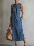 Retro Cozy Lace Print Denim Midi Dress