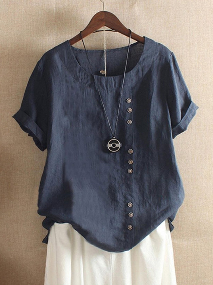 Round Neck Solid Color Buttons Short Sleeves T-shirt