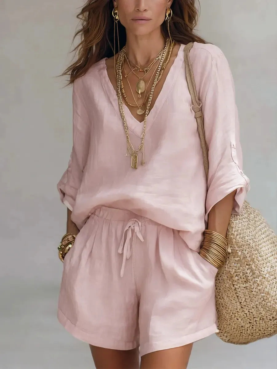 Women's V-neck Shorts Simple Set