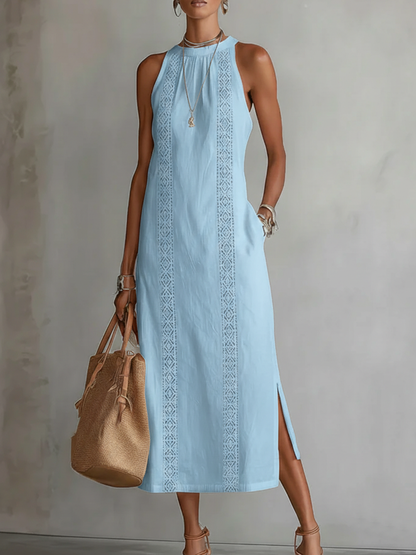 🌿 Vestido Minimalista de Lino con Encaje Estilo Retro y Acogedor — Atemporal. Elegante. Tú, sin esfuerzo.