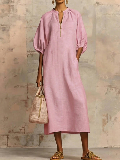 Elegante Vestido Midi Suelto de Lino y Algodón con Cremallera