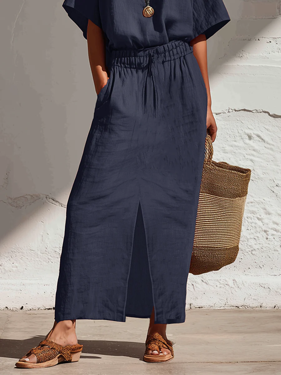 Conjunto de dos piezas de lino de camisa y falda informales y cómodas