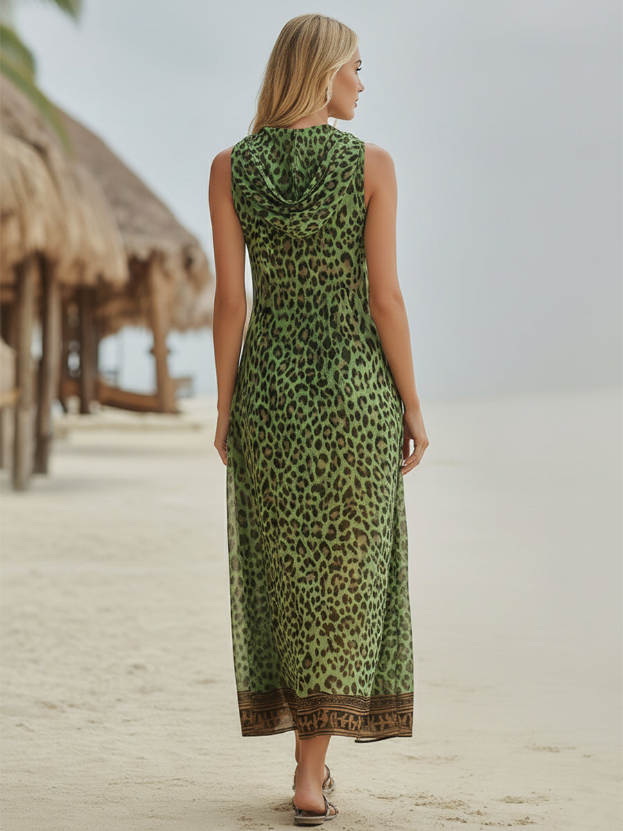Women's Retro Casual Green Leopard Print Art Hooded Midi Dress