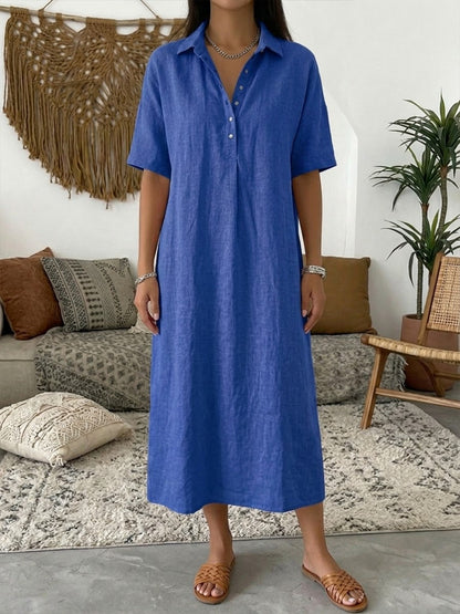 Vestido polo de algodón y lino para mujer – Vestido de verano informal de manga corta